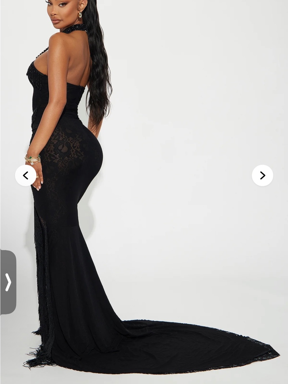 Fashion Nova Black Lace Halter Maxi Gown with Fringe - Picture 3 of 3